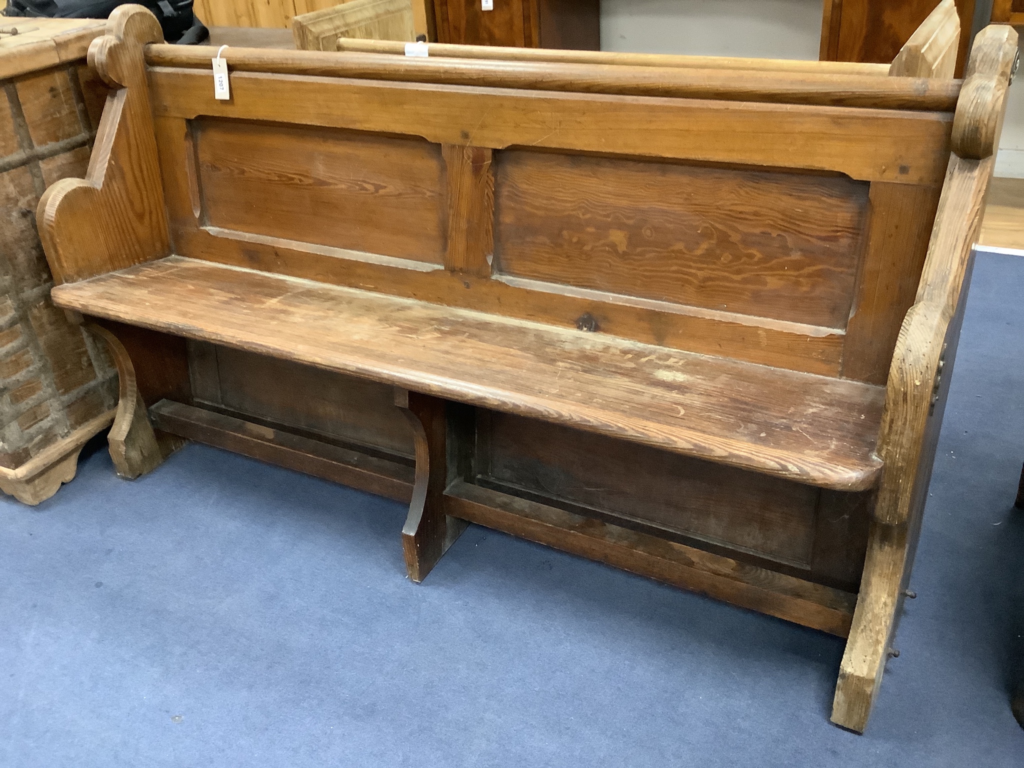 A Victorian pitch pine pew, length 156cm, depth 44cm, height 90cm